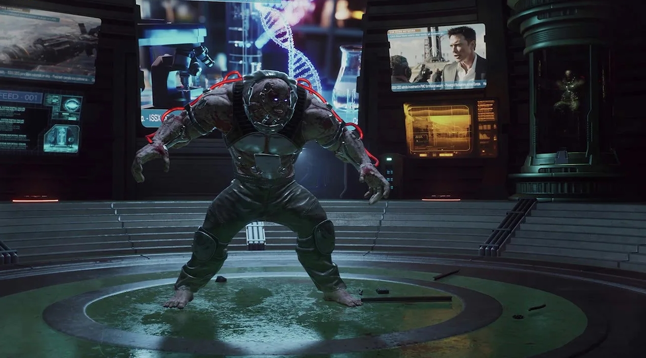 Mutated humanoid boss in a high-tech lab surrounded by screens and scientific equipment
