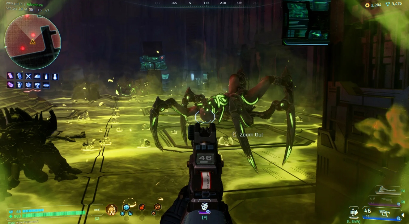 Player aiming at a toxic spider-like enemy in a green, hazardous laboratory environment