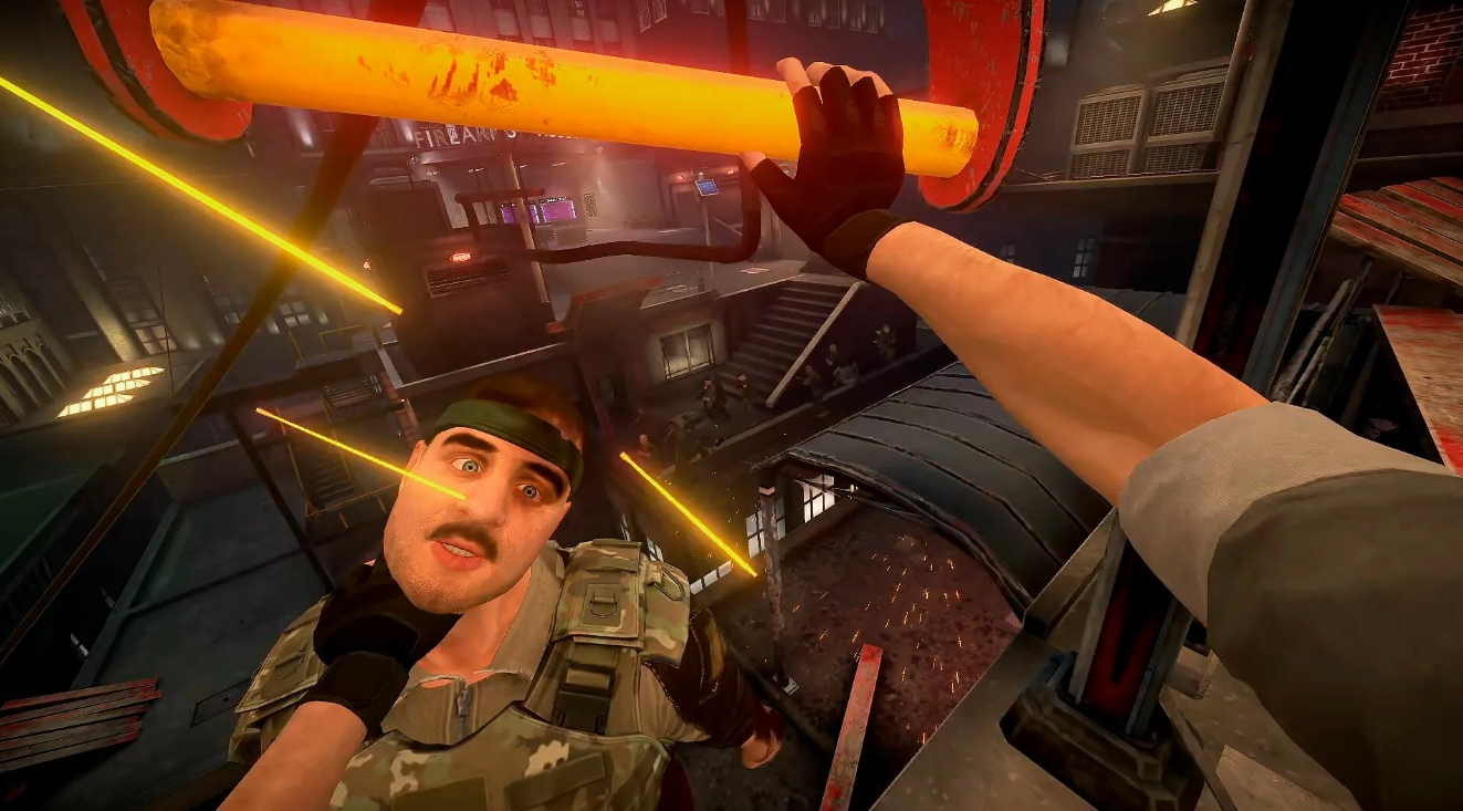 Player attacking an enemy with a glowing weapon in Hard Bullet VR during intense rooftop fight