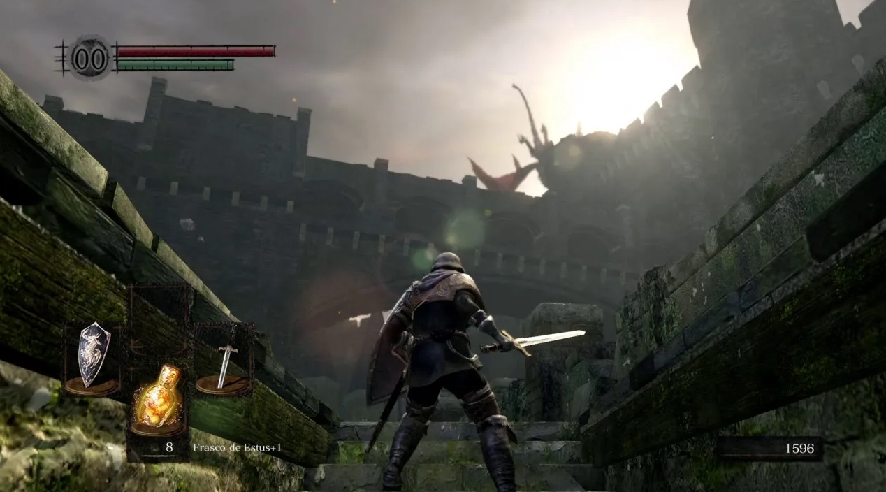 Player character holding sword and shield in a castle courtyard with sunlight in Dark Souls Remastered