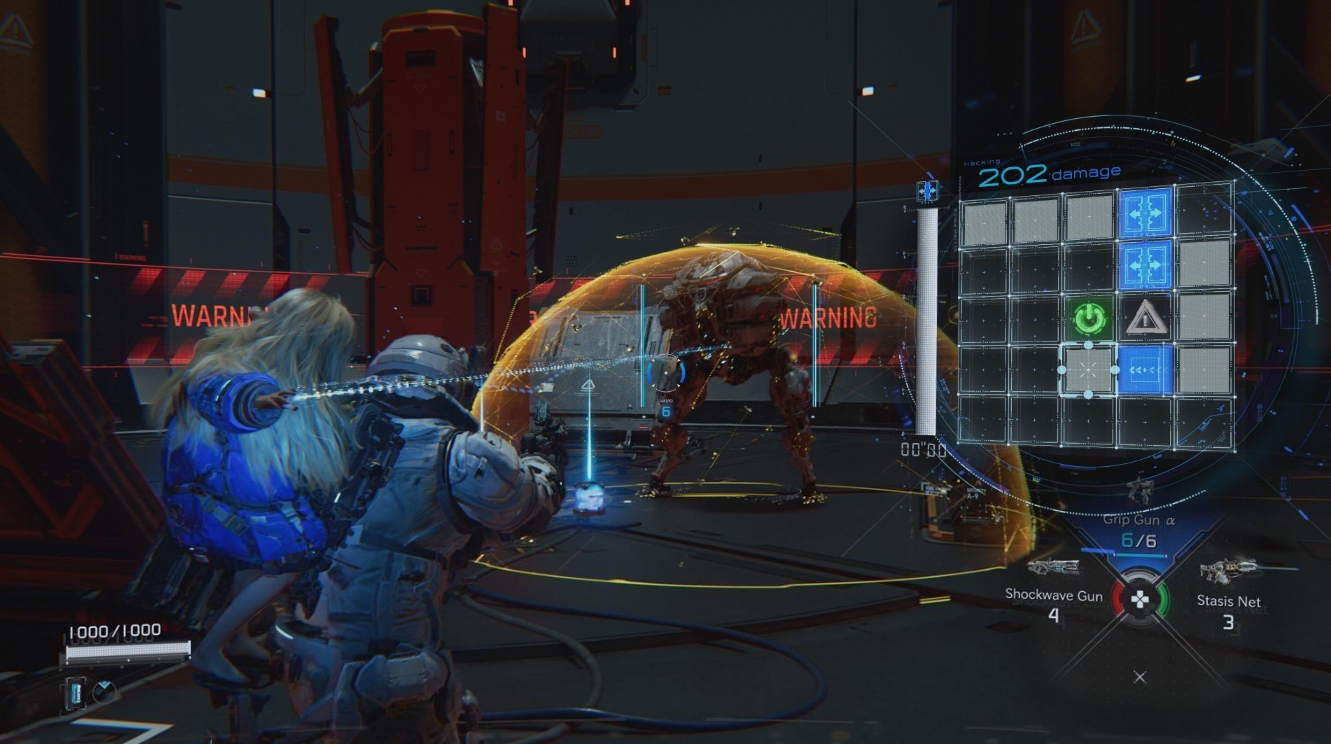Player fighting robots in third-person combat in Pragmata