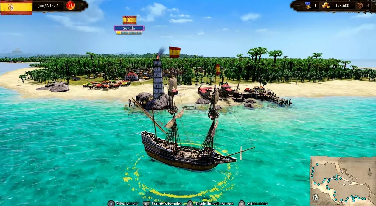 Spanish ship arriving at a tropical island port with lighthouse in Port Royale 4