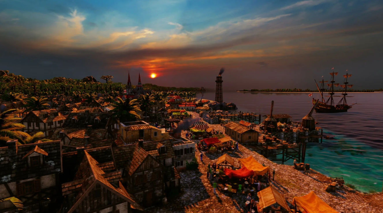 Sunset view of a busy harbor town with ships and market in Port Royale 4