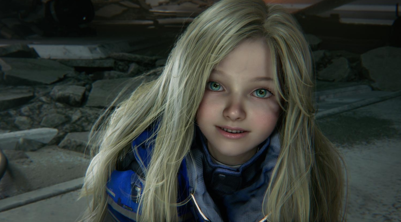 Close-up of Diana from Pragmata with green eyes and futuristic suit in a ruined environment