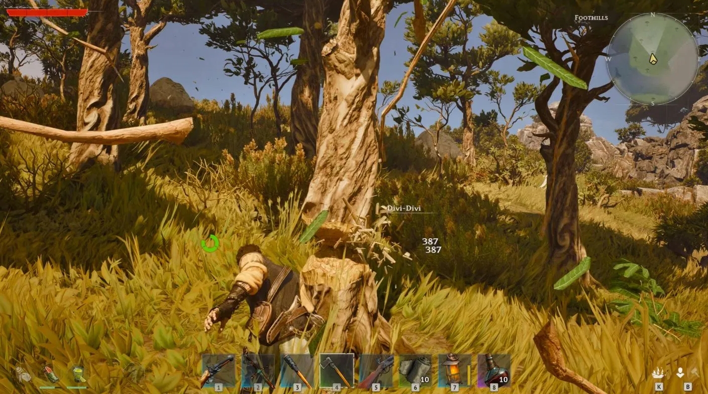 Windrose gathering resources and chopping trees in open world