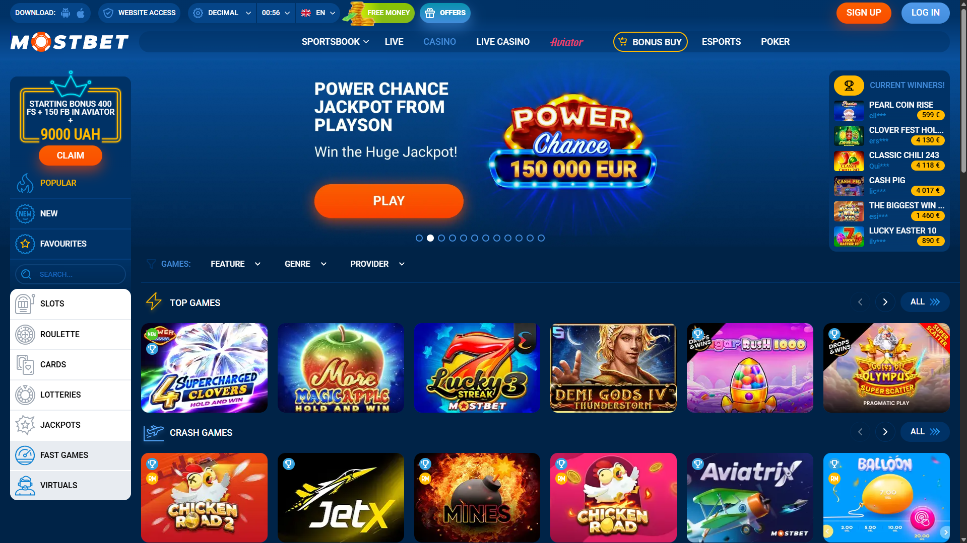 Mostbet casino homepage with featured games, sportsbook sections, and promotional banners