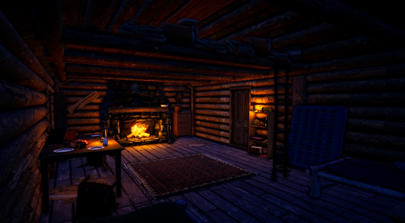 A cozy wooden cabin with a fireplace serves as a refuge among the mysteries of The Fabled Woods