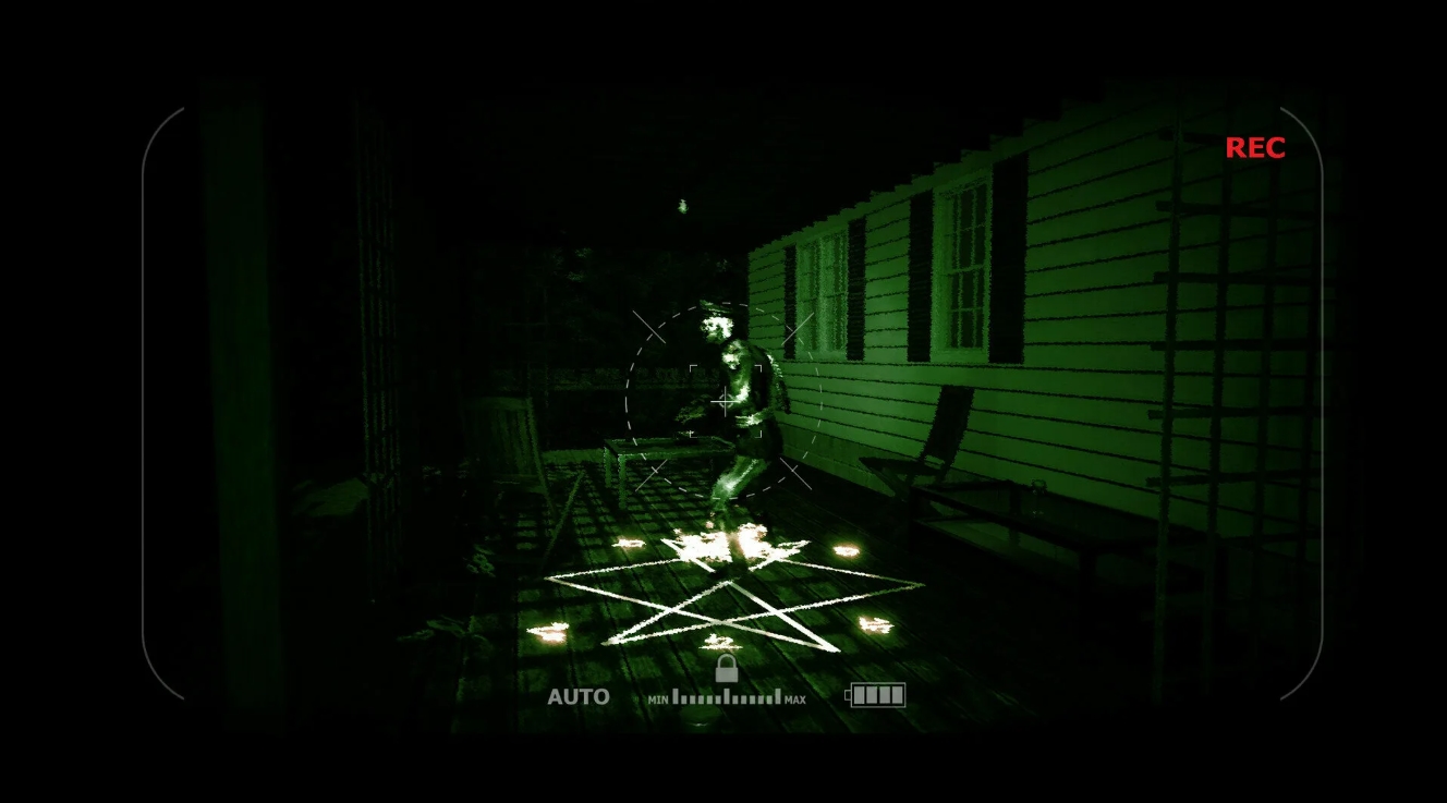 A ghost hunter uses a night vision camera while performing an exorcism ritual in This is a Ghost