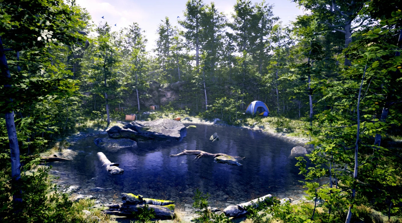 A small forest lake surrounded by dense vegetation and a traveler’s tent