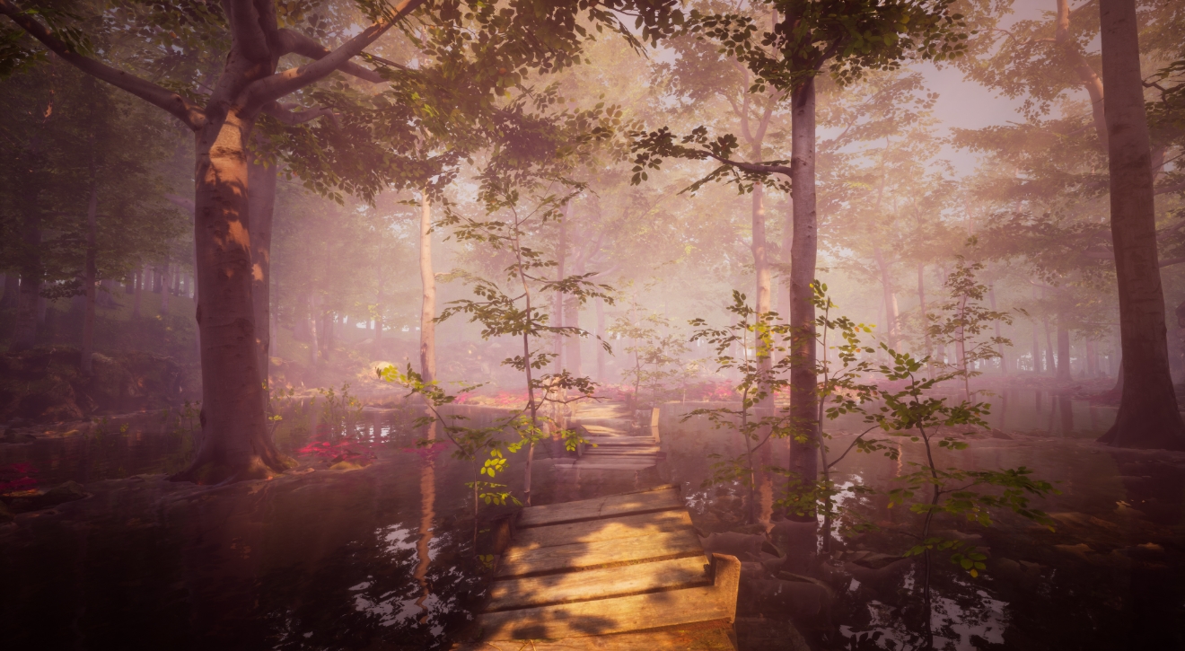 A wooden bridge crosses a flooded forest area in the atmospheric world of The Fabled Woods