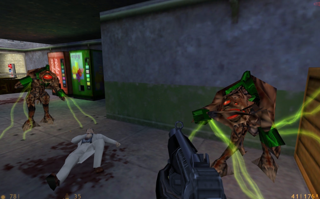 Alien encounter inside the Black Mesa research facility in the original Half-Life
