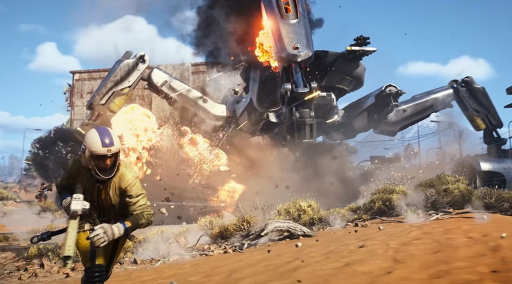 Arc Raiders player escaping giant combat machine explosion
