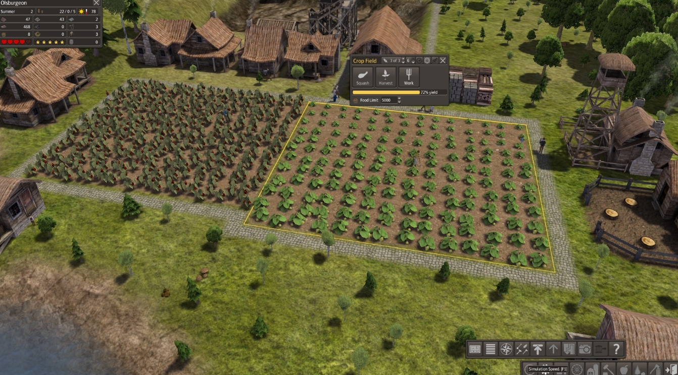 crop fields and farming interface in Banished gameplay