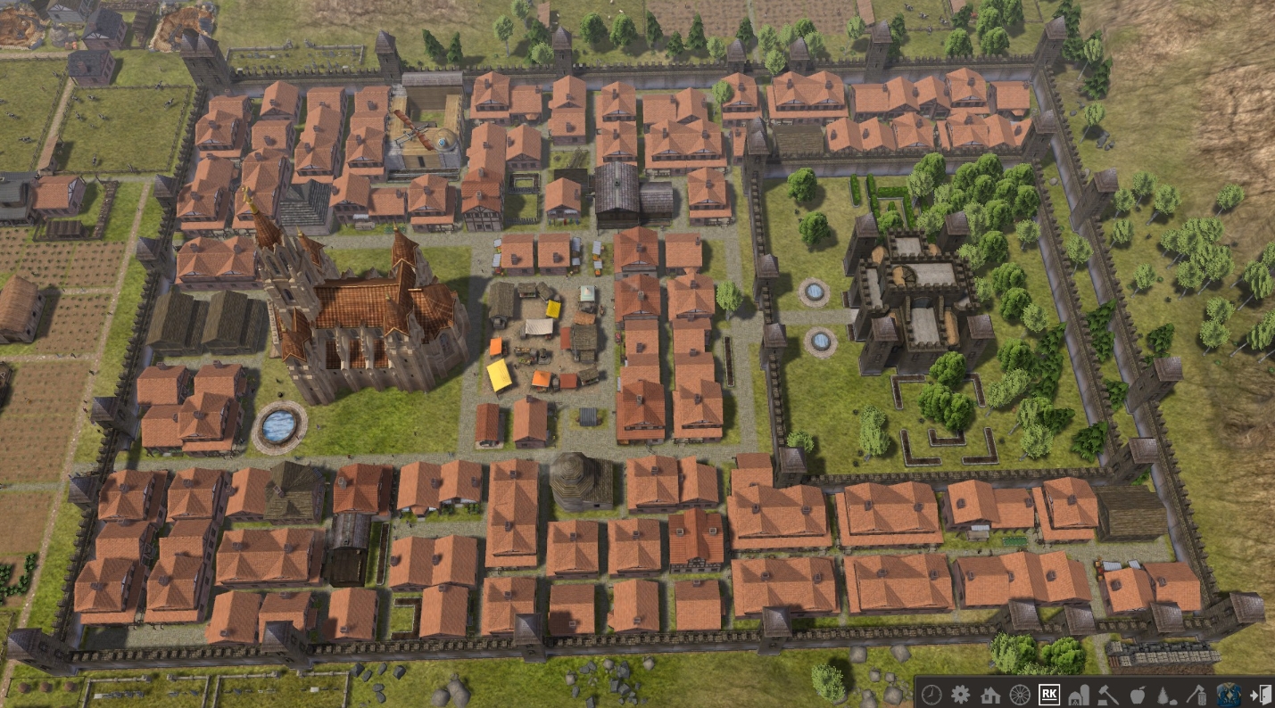 large walled town with houses and cathedral in Banished