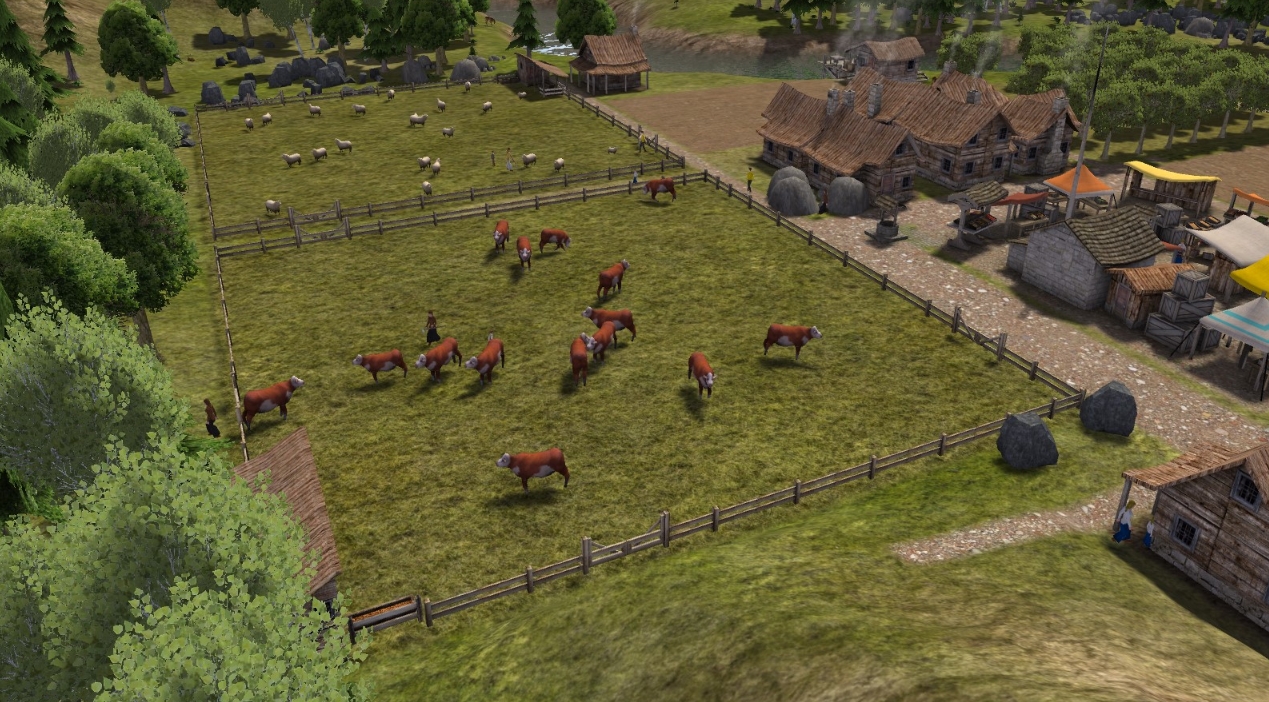 livestock pasture with cows and sheep near village in Banished