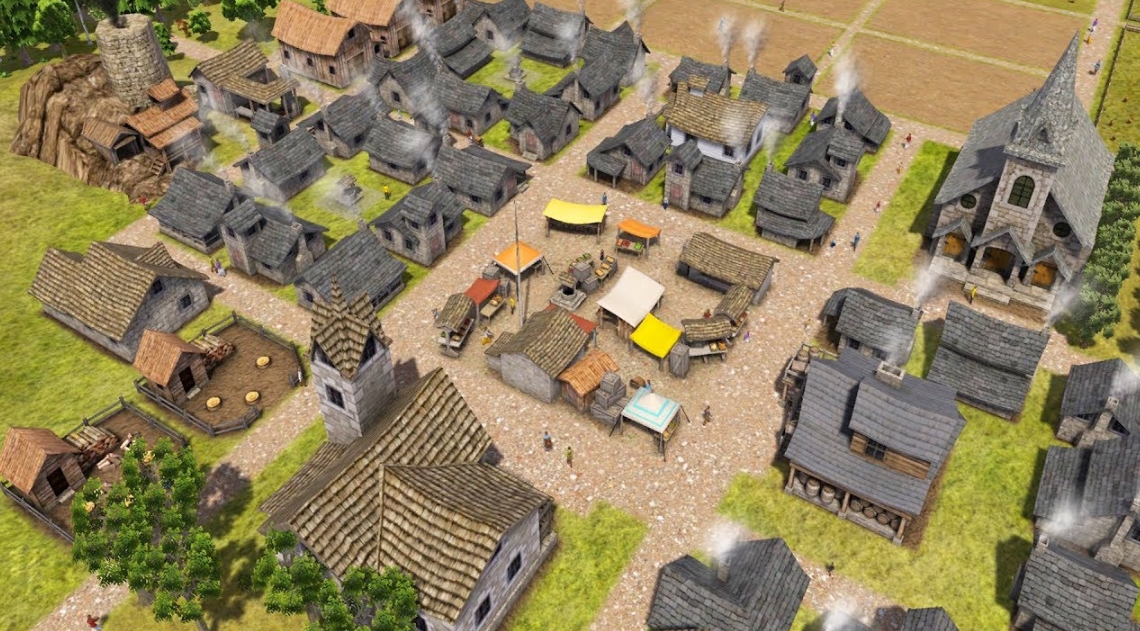 medieval town center with market and church in Banished