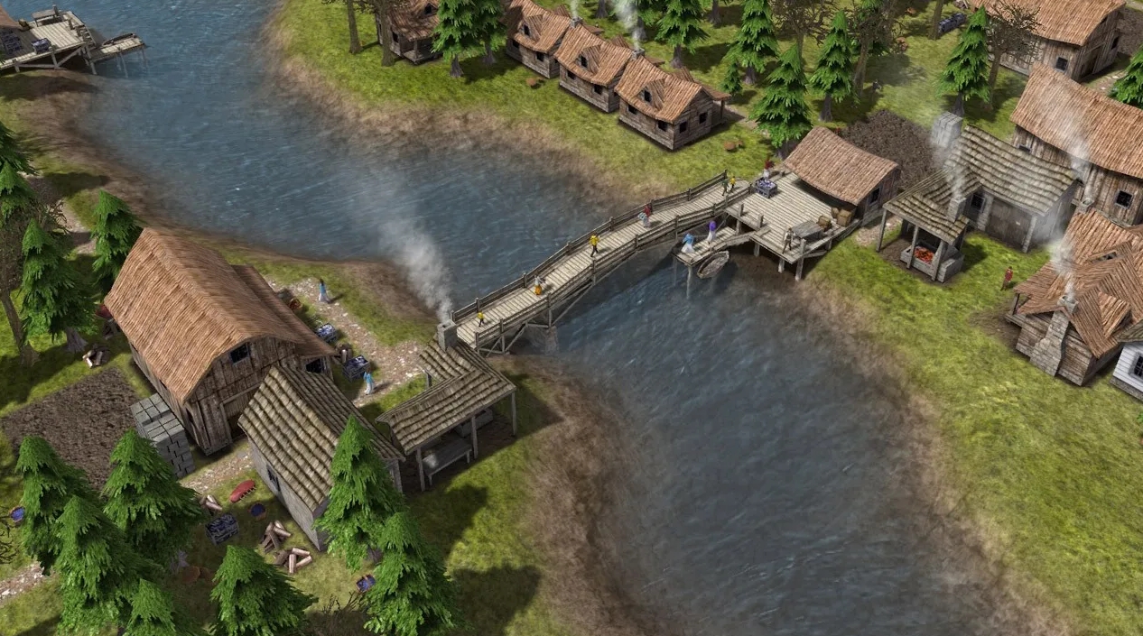 riverside village with wooden bridge and houses in Banished
