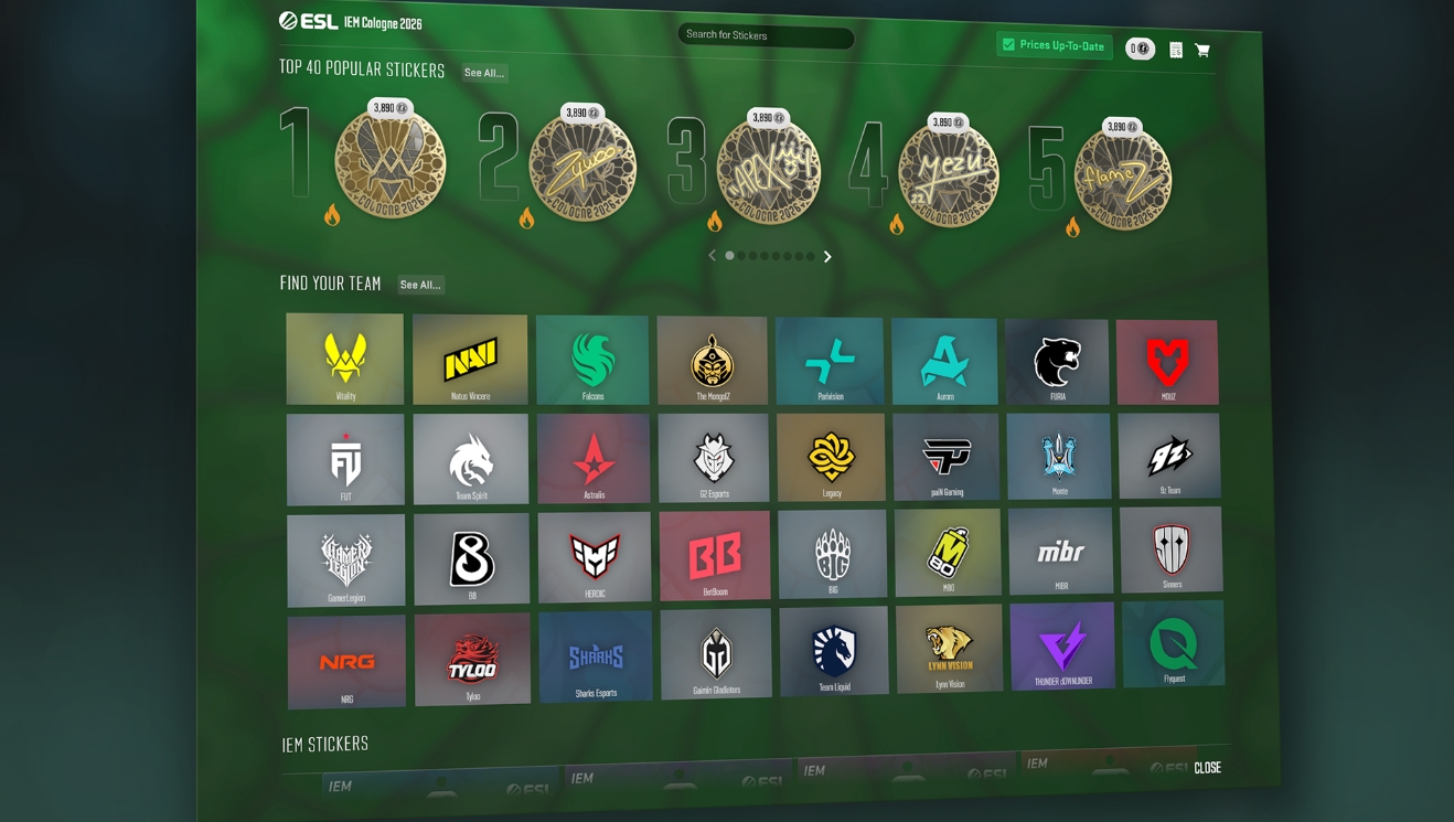 CS2 IEM Cologne 2026 sticker shop interface — new sticker and autograph system without capsules or random drops