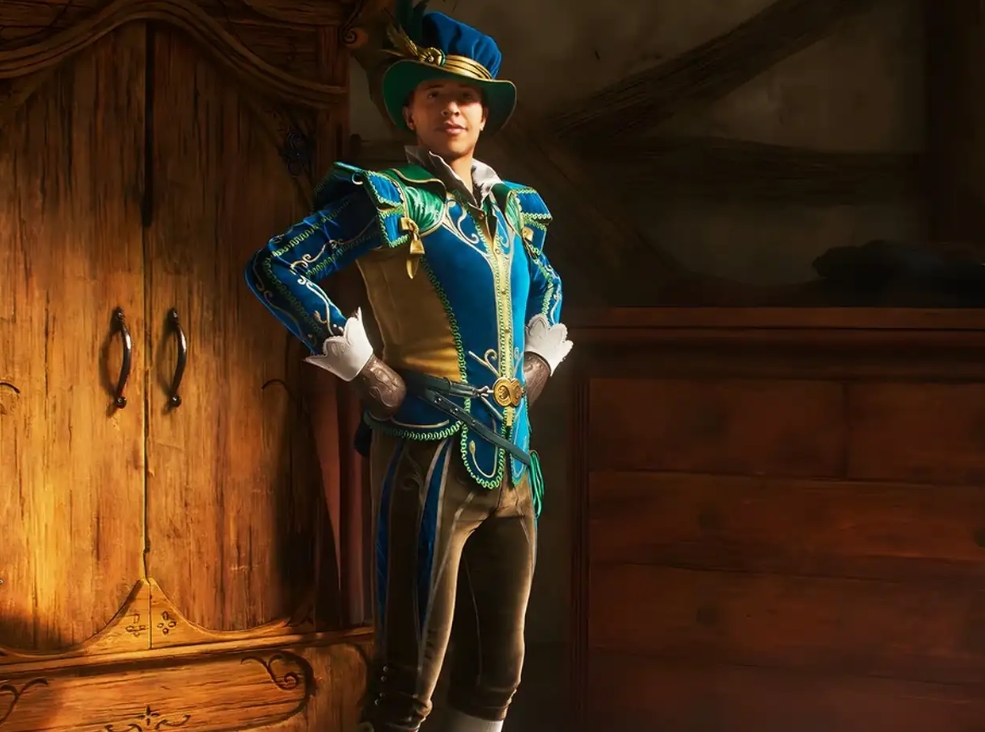 Fable protagonist wearing a colorful outfit inside a wooden building