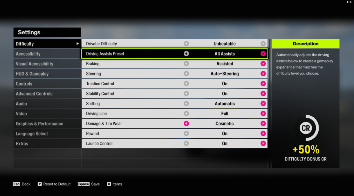 FH6 difficulty bonus settings