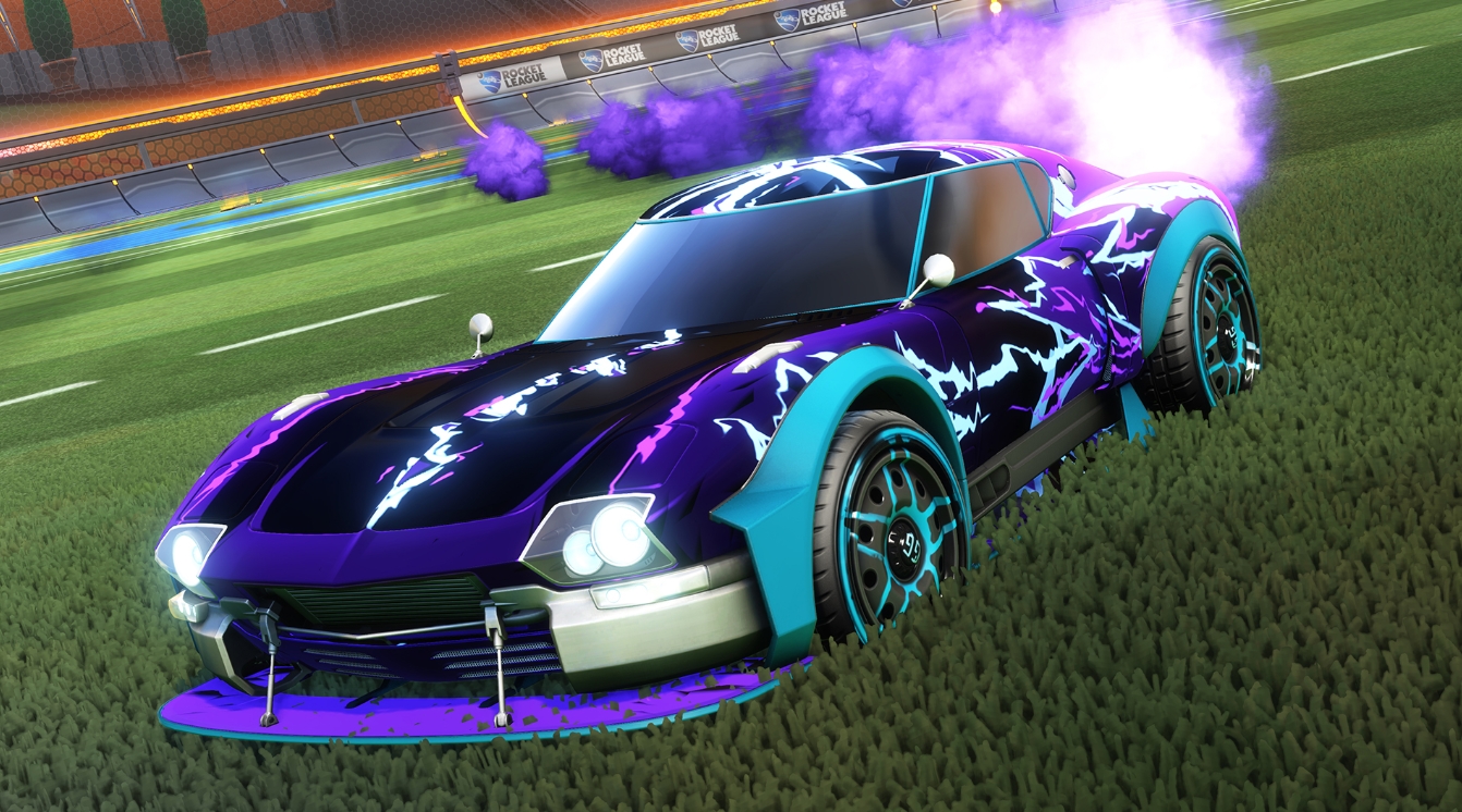 Futuristic Rocket League car with a neon design and smoke effect on the field