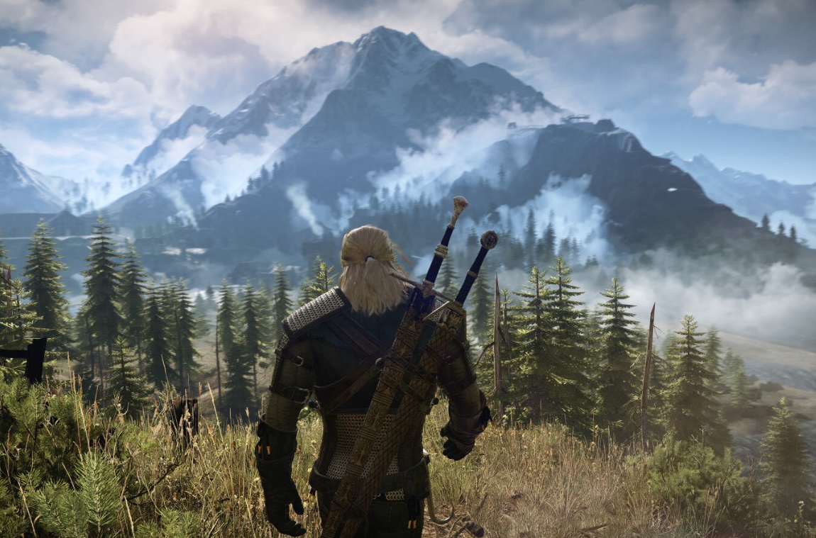 Geralt explores the mountains and forests of The Witcher 3 open world