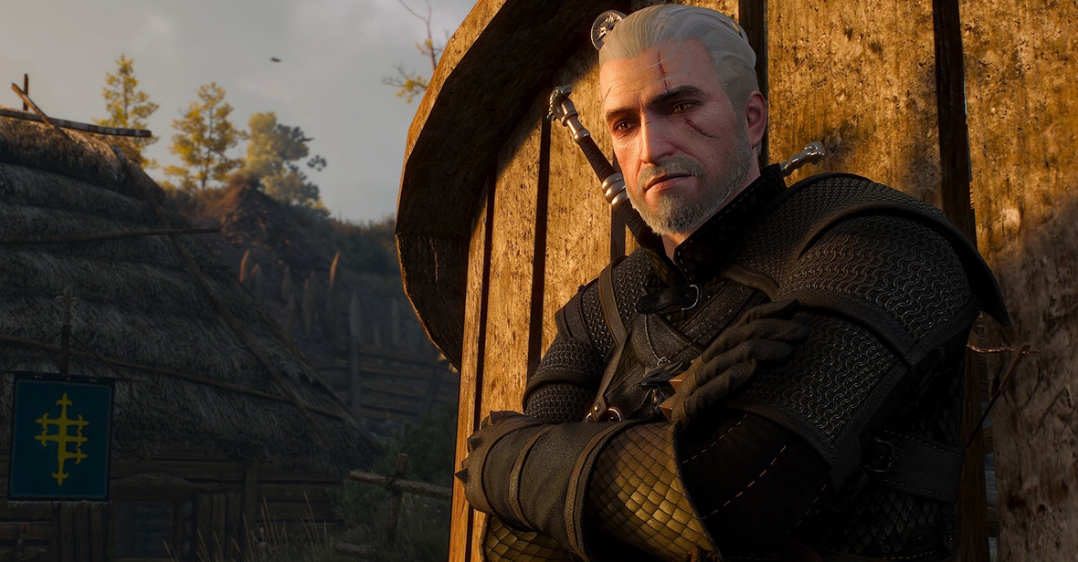 Geralt of Rivia relaxing in a village scene from The Witcher 3 Wild Hunt