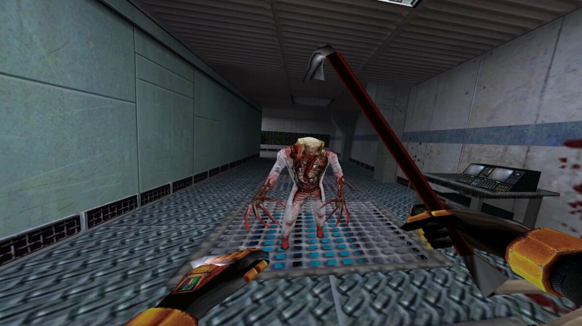 Gordon Freeman faces a mutated creature in a classic Half-Life combat sequence
