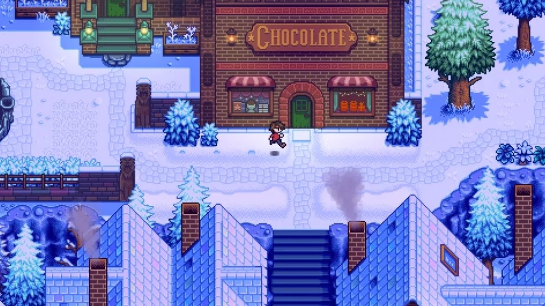 snowy town street near the chocolate shop in Haunted Chocolatier