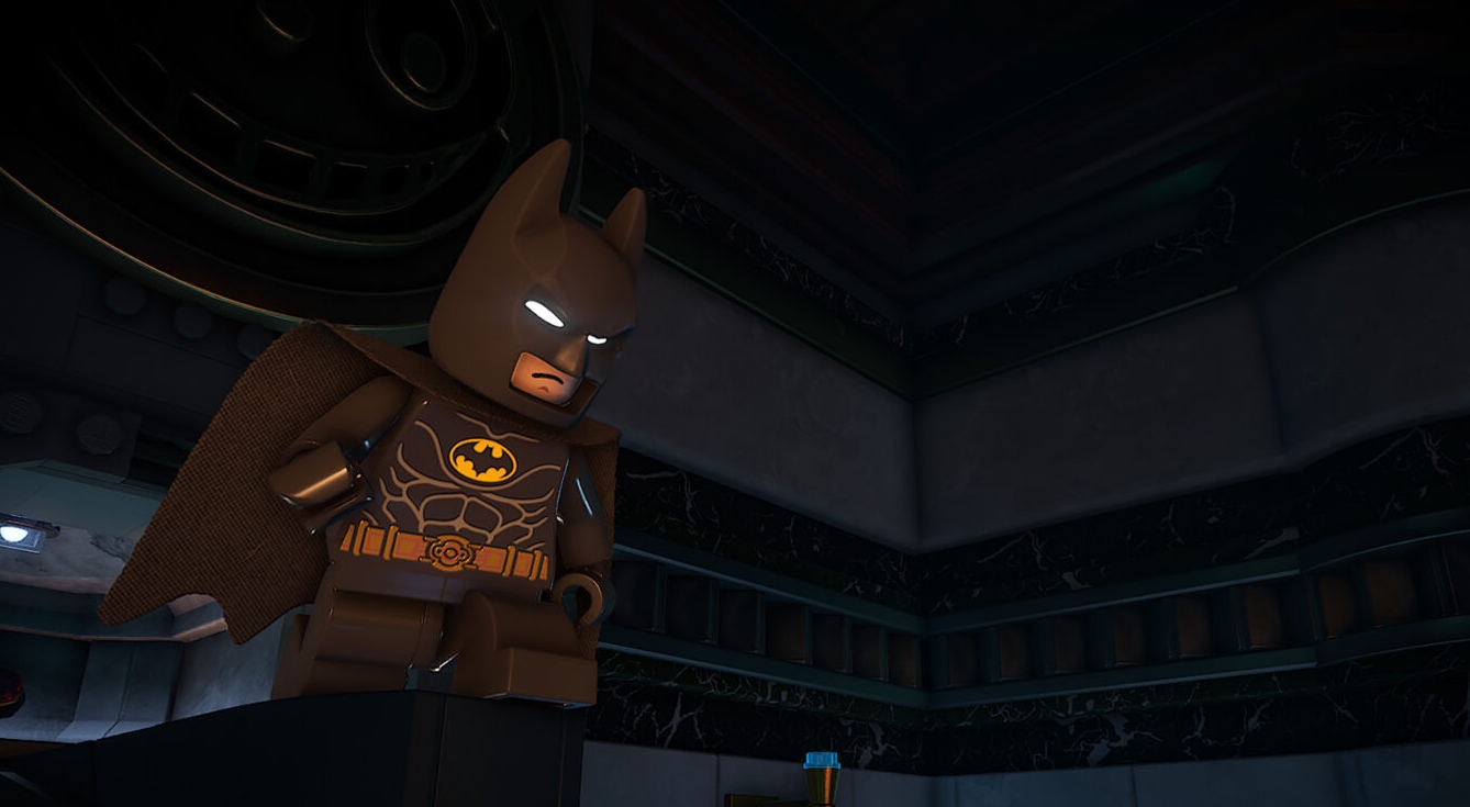 LEGO Batman wearing a dark suit inside a Gotham City building