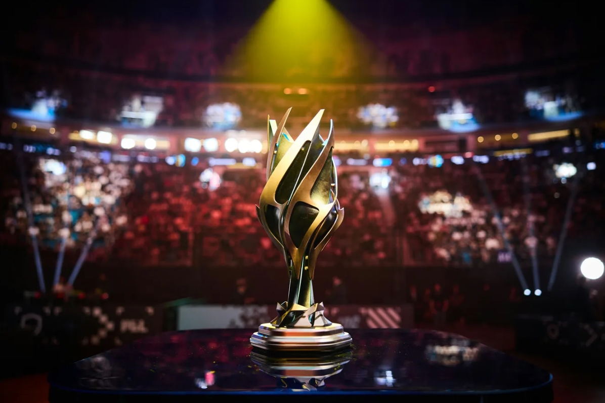 PGL Astana 2026 championship trophy on arena stage
