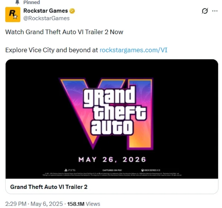 Rockstar Games post announcing Grand Theft Auto VI Trailer 2 and the May 26, 2026 release date