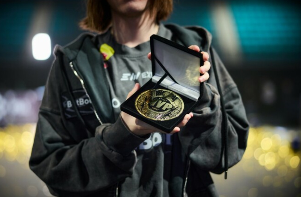 donk holding MVP medal after Team Spirit victory at PGL Astana 2026 — best CS2 player of the tournament with 1.61 rating