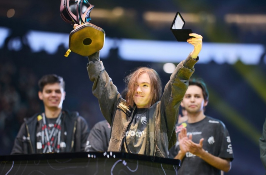 donk lifting trophy and MVP medal after Team Spirit won the PGL Astana 2026 CS2 grand final