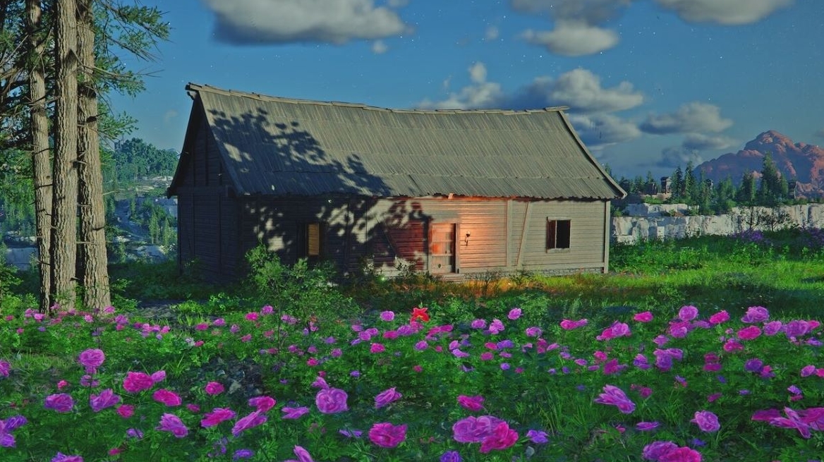 A cozy wooden house surrounded by blooming flowers in Crimson Desert after the housing placement update