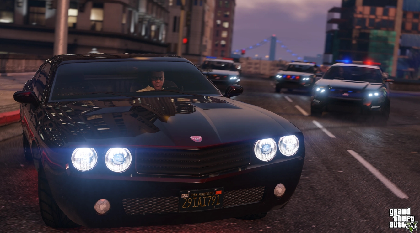 A police chase in GTA V as a car speeds through Los Santos while being pursued by multiple police vehicles