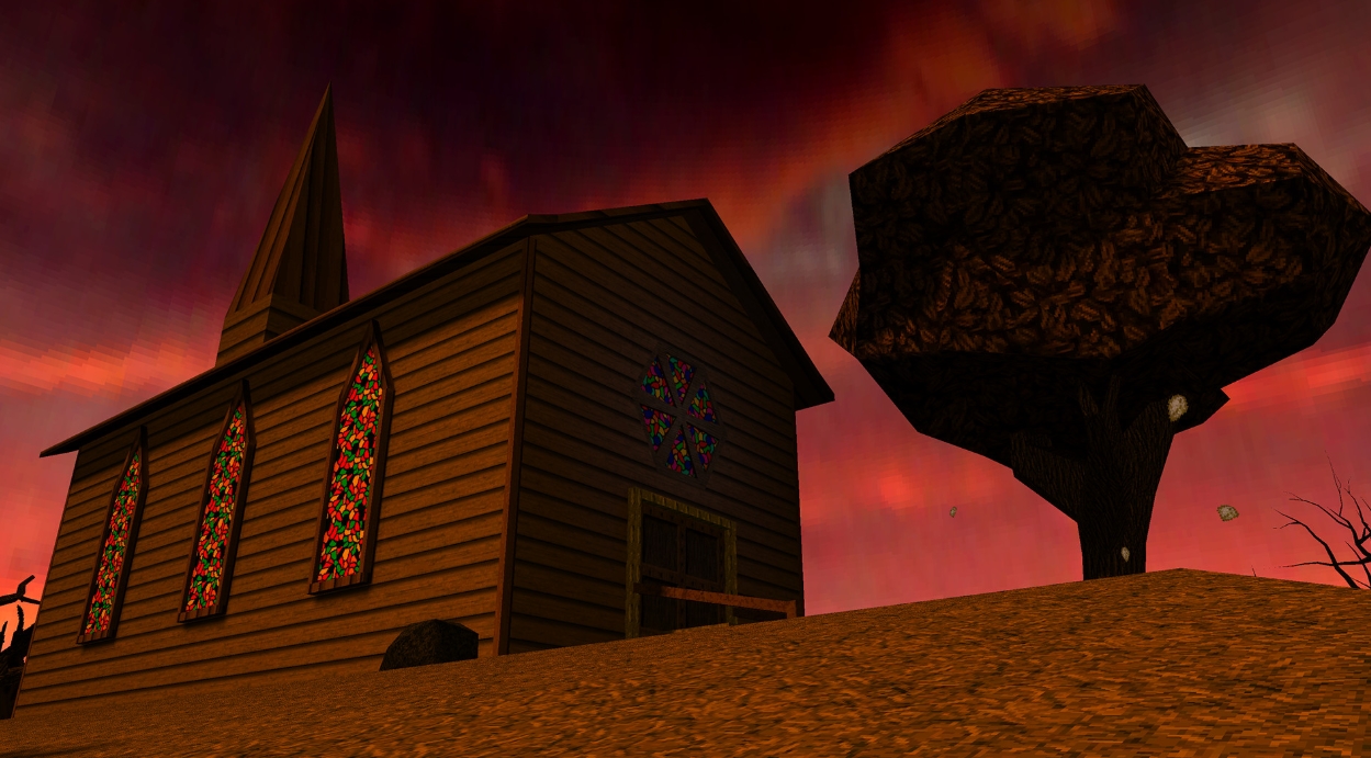 Abandoned church beneath a crimson sky in the eerie world of DUSK