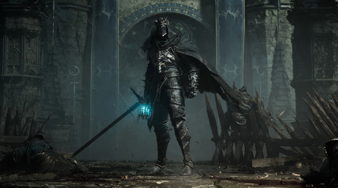 Boss fight in a dark hall in Lords of the Fallen II, hero battling a massive demonic creature