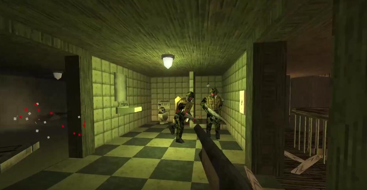 Combat encounter inside an abandoned building in the retro FPS DUSK