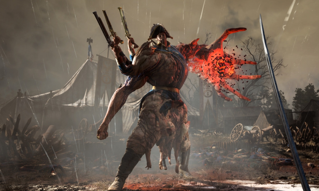 Combat in Valor Mortis against a grotesque mutated enemy on a battlefield inspired by the Napoleonic Wars
