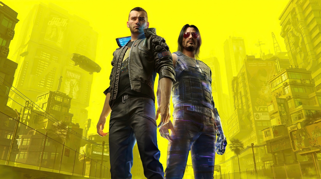 Cyberpunk 2077 characters standing in Night City during a discussion of CD Projekt RED's redemption journey