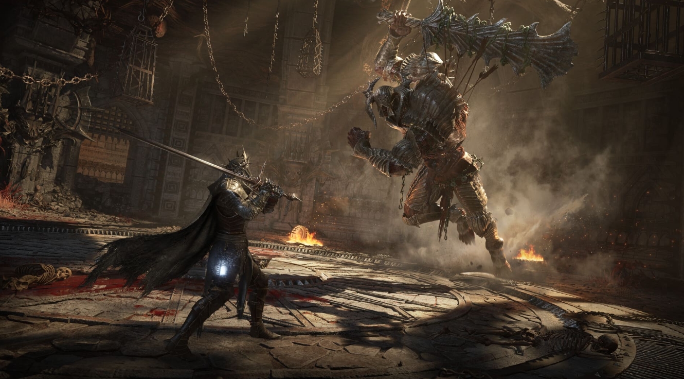 Dynamic combat scene in a ruined arena in Lords of the Fallen II with magic and fire effects
