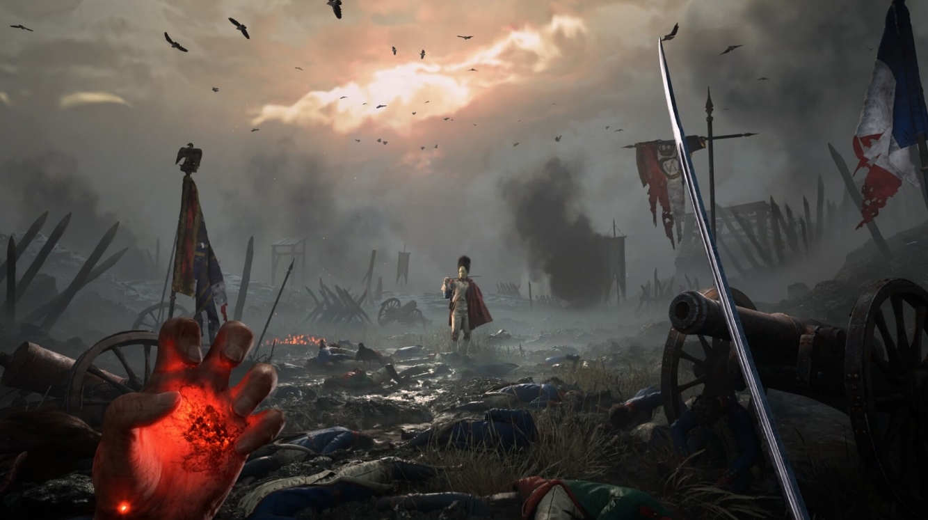 First-person Valor Mortis gameplay showing sword combat and supernatural abilities on a devastated battlefield