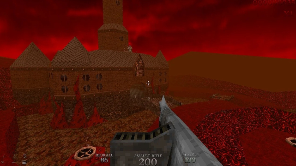 First-person view of a demonic fortress in one of DUSK's atmospheric levels
