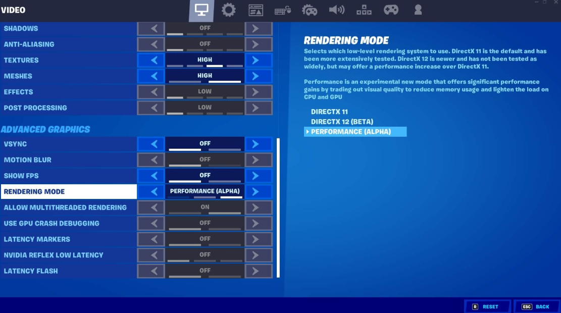 Fortnite Performance Mode settings