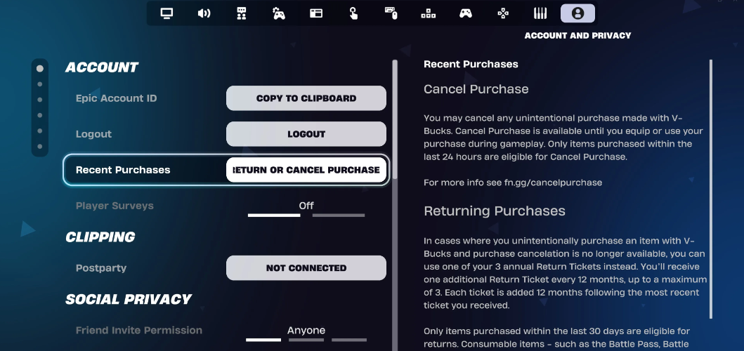 Fortnite purchase refund menu