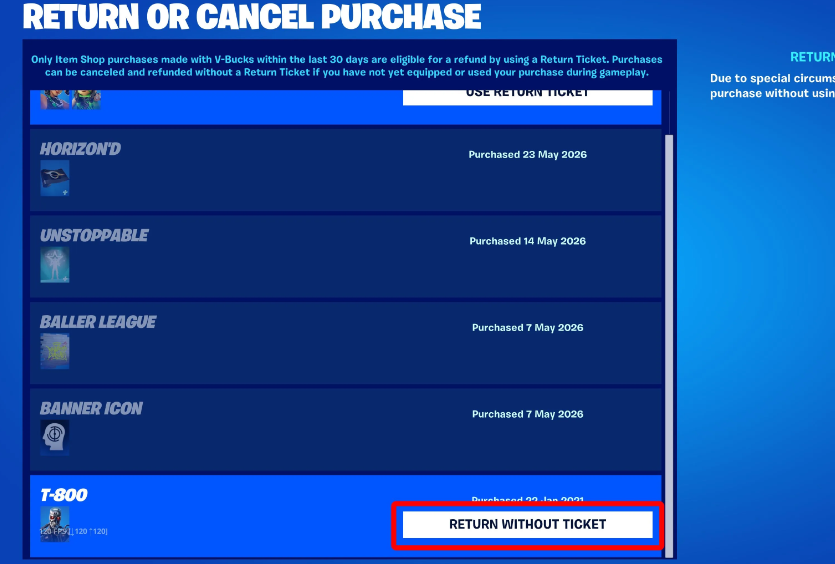 Fortnite V-Bucks refund screen