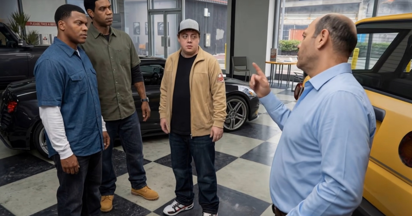 GTA 5 characters talking inside a car dealership in a neural-rendered DLSS 5 demonstration video