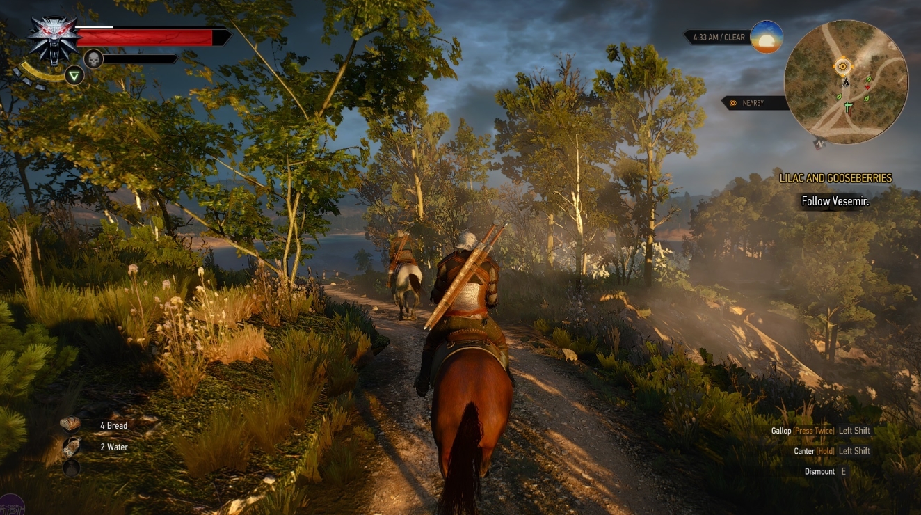 Geralt and Vesemir riding through the roads of Velen in The Witcher 3 Next-Gen Update
