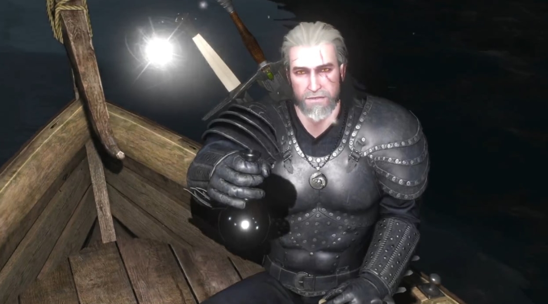 Geralt of Rivia holding a lantern in a boat while exploring additional content and quests in The Witcher 3